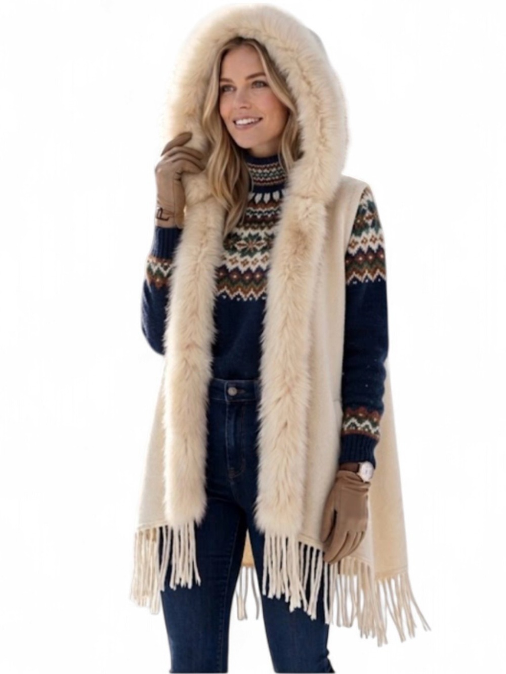 Northern Angel Cream Faux Fur Trim Fringe Poncho Shawl Cover-up Sweater S/M